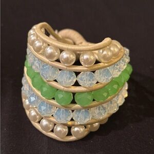 Gold-Tone Thick Bracelet with Green, Light Blue & Pearl Beads